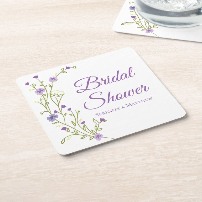 Posavasos Cuadrado De Papel Boho Wildflowers Purple Floral Brillante Ducha (En perspectiva)