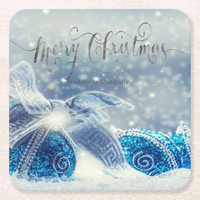 Posavasos Cuadrado De Papel Bolas de Navidad Azules Bokeh (Anverso)