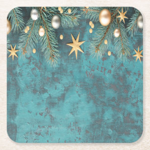 Posavasos Cuadrado De Papel Bolas de Navidad Estrellas Ramas Vintage 