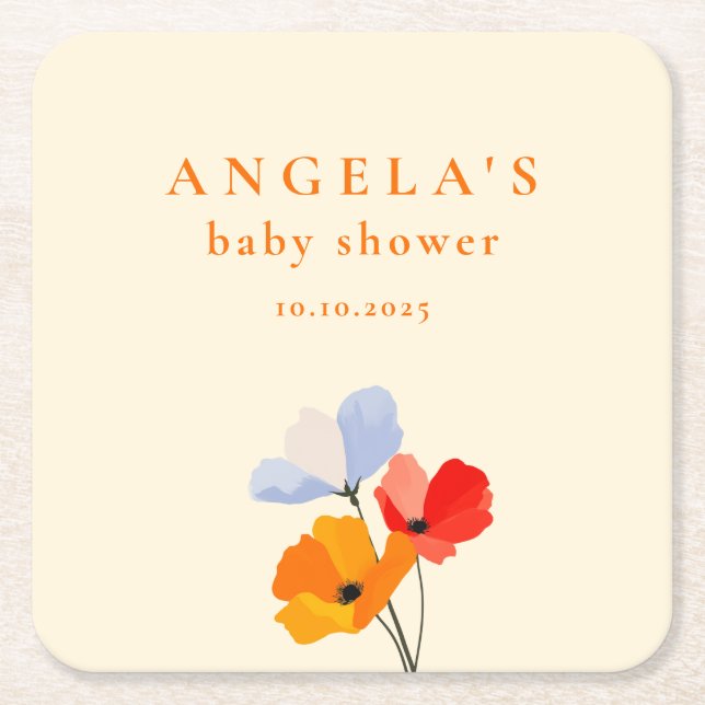 Posavasos Cuadrado De Papel Bold Poppy Floral Baby Shower (Anverso)