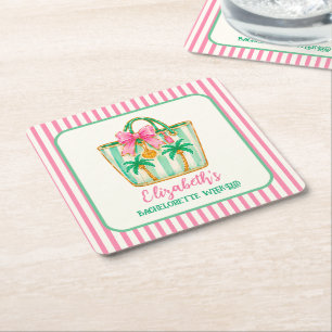 Posavasos Cuadrado De Papel Bolso de playa Preppy Pink y Green Palm Beach
