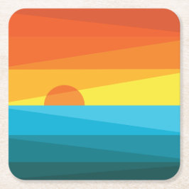 Posavasos Cuadrado De Papel Bonita puesta de sol y olas de mar