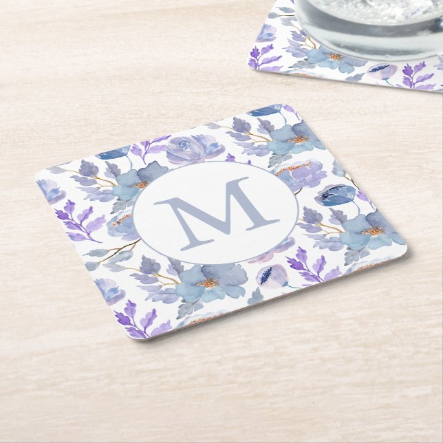Posavasos Cuadrado De Papel Bonito Azul turbio Lilac acuarela Floral Monograma (En perspectiva)