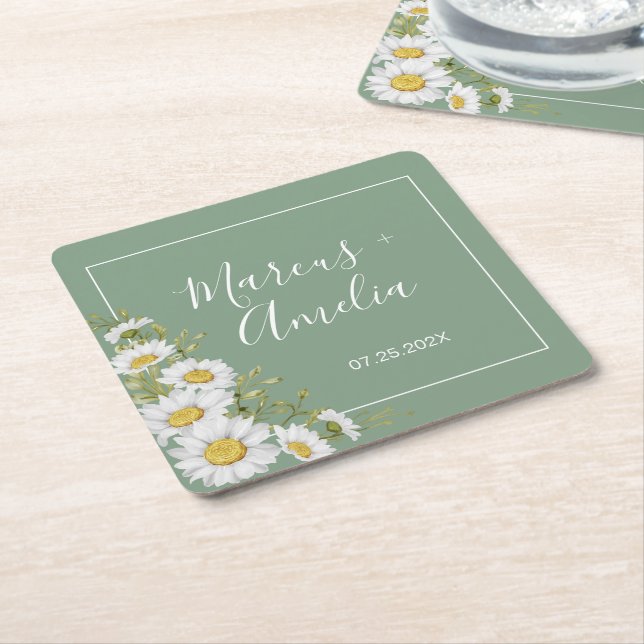 Posavasos Cuadrado De Papel Bonito Basil Green & White Daisies Boda Square (En perspectiva)