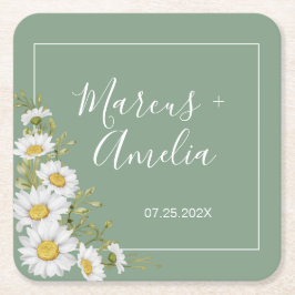 Posavasos Cuadrado De Papel Bonito Basil Green & White Daisies Boda Square