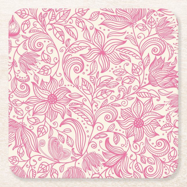 Posavasos Cuadrado De Papel Bonito dibujo de dibujo floral de mano rosada (Anverso)
