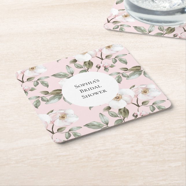 Posavasos Cuadrado De Papel Bonito Flores Blancas Rosadas Ducha Bridal (En perspectiva)