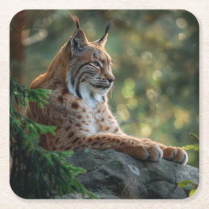Posavasos Cuadrado De Papel Bonito lynx relajante en la roca