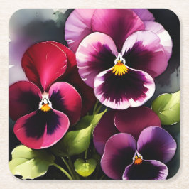 Posavasos Cuadrado De Papel Bonito maroon daek pansies rojos pintura acuarela