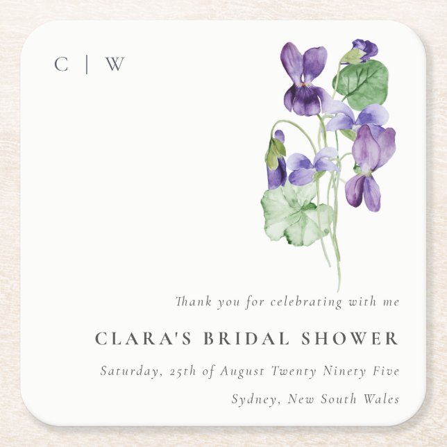 Posavasos Cuadrado De Papel Bonito Monograma Violet Floral Bunch Bridal Shower (Anverso)
