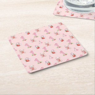 Posavasos Cuadrado De Papel Bonito Rosa Gingham, Bunnies y Osos!