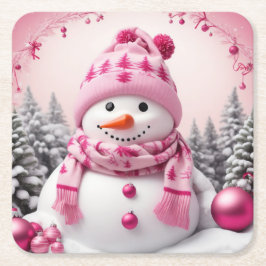 Posavasos Cuadrado De Papel Bonito Rosa Xmas Snowman