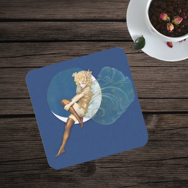 Posavasos Cuadrado De Papel Bonito Vintage Blue Fairy Stockings Blue Moon (Pretty blond fairy wearing stockings sitting on crescent moon on dark blue drink coaster.)