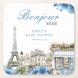 Posavasos Cuadrado De Papel Bonjour Bebe French Blue Baby Shower