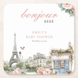 Posavasos Cuadrado De Papel Bonjour Bébé Paris Baby Shower francés