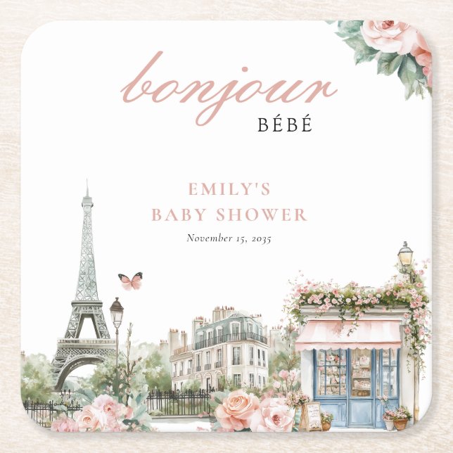Posavasos Cuadrado De Papel Bonjour Bébé Paris Baby Shower francés (Anverso)