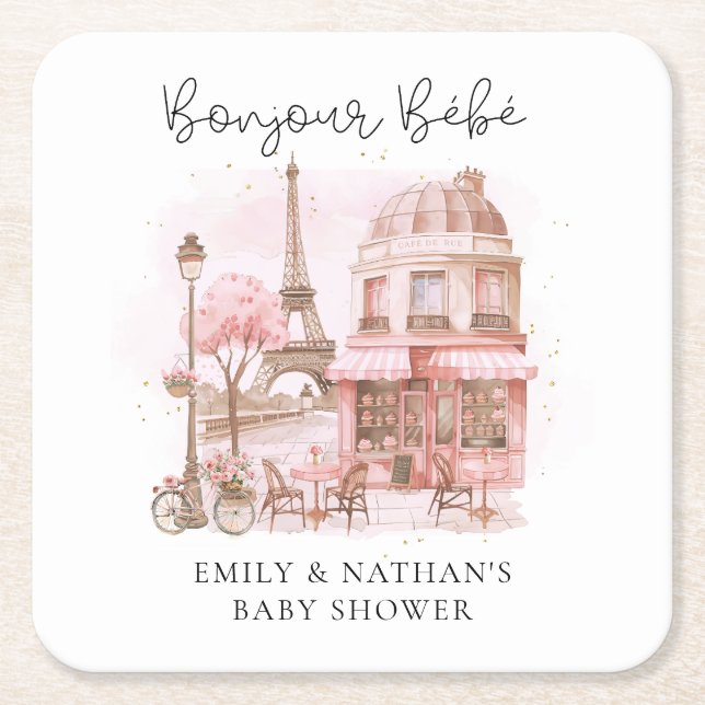 Posavasos Cuadrado De Papel Bonjour Bebe Paris Patisserie Baby Shower (Anverso)