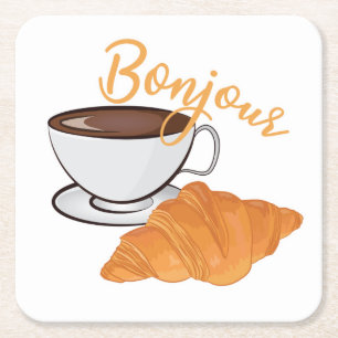 Posavasos Cuadrado De Papel Bonjour Croissant Coffee Breakfast - Café francés