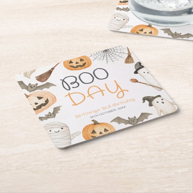 Posavasos Cuadrado De Papel Boo Day Spooky Halloween Birthday (En perspectiva)