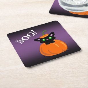 Posavasos Cuadrado De Papel ¡BOO! Gato en una calabaza de papel de Halloween