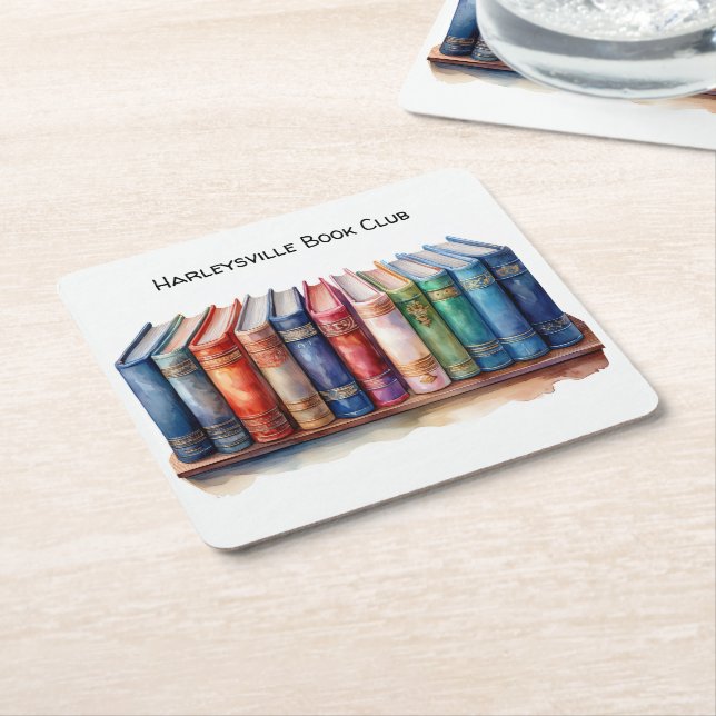 Posavasos Cuadrado De Papel Book Club Customizable Square Beverage Coffee (En perspectiva)
