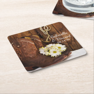 Posavasos Cuadrado De Papel Boots de Cowboy, Daisies y Boda de Rancho de Bits 
