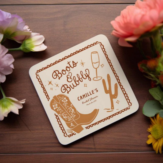 Posavasos Cuadrado De Papel Boots rusos occidentales y burbuja de duchas de no (Country Western Boots and bubbly Bridal Shower Paper Coaster)