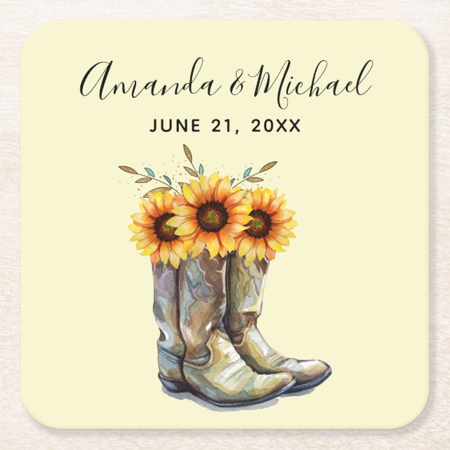 Posavasos Cuadrado De Papel Boots rústicos de vaquero con Boda de girasoles (Anverso)
