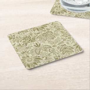 Posavasos Cuadrado De Papel Bordado Botánico Toile Floral Patrón Verde Salvia