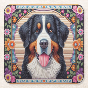 Posavasos Cuadrado De Papel Borde de color floral de perro de montaña de Berne