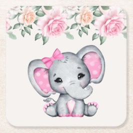 Posavasos Cuadrado De Papel Borde de elefante pequeño y rosado y Rosa