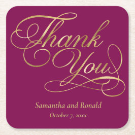 Posavasos Cuadrado De Papel Borgoña y Relieve metalizado dorado Gracias Boda d