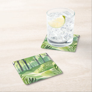 Posavasos Cuadrado De Papel Bosque Caprichoso   Paisaje de Acuarela del Bosque