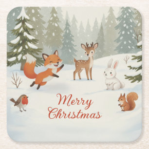 Posavasos Cuadrado De Papel Bosque de animales de la madera de invierno Feliz