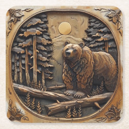 Posavasos Cuadrado De Papel Bosque de árbol de pino de la luna llena de oso de