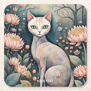 Posavasos Cuadrado De Papel Bosque de flores de gatos ricas de fantasía