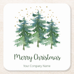 Posavasos Cuadrado De Papel Bosque de Invierno Feliz Navidad Empresa