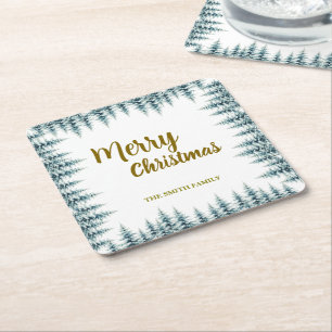 Posavasos Cuadrado De Papel Bosque de Navidad de árboles de pino Alegre y Bril