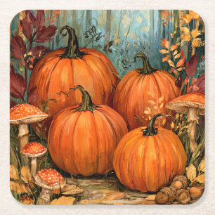 Posavasos Cuadrado De Papel Bosque de otoño con calabazas y musgo,