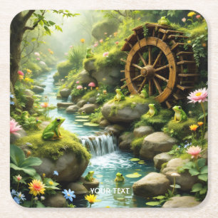 Posavasos Cuadrado De Papel Bosque del río Fantasy Cute Frog