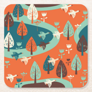 Posavasos Cuadrado De Papel Bosque Geese: La escena de la naturaleza vintage