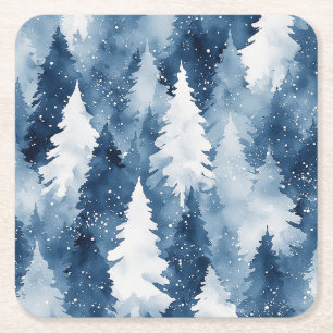 Posavasos Cuadrado De Papel Bosque Invernal de Pinos Silenciosos