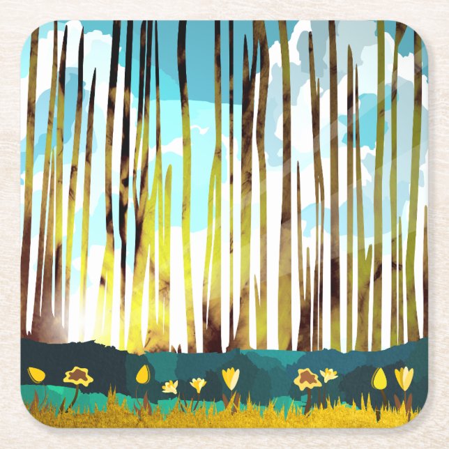 Posavasos Cuadrado De Papel Bosque matutino (Anverso)