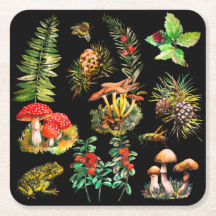Posavasos Cuadrado De Papel Bosque, setas silvestres