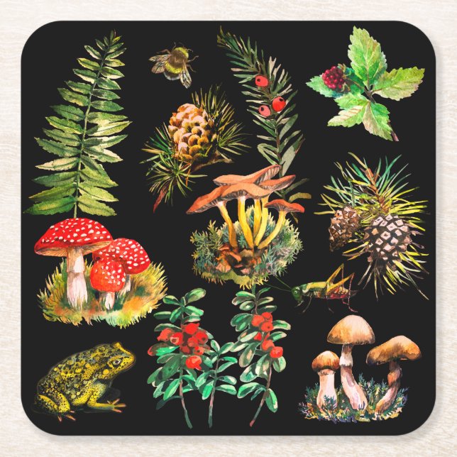 Posavasos Cuadrado De Papel Bosque, setas silvestres (Anverso)