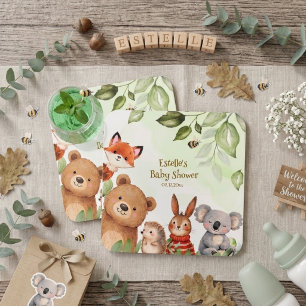 Posavasos Cuadrado De Papel Bosque Verde Animales Lindos Baby Shower