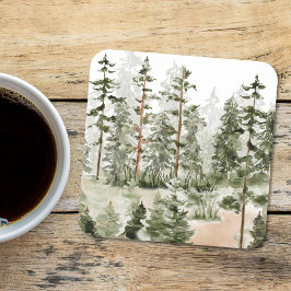 Posavasos Cuadrado De Papel Bosque verde rústico acuarela