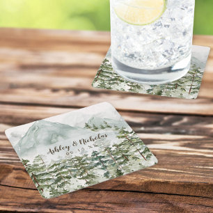 Posavasos Cuadrado De Papel Bosque y Montaña Acuarela de la Naturaleza