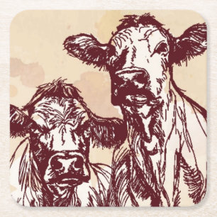 Posavasos Cuadrado De Papel Bosquejo del drenaje de la mano de dos vacas y