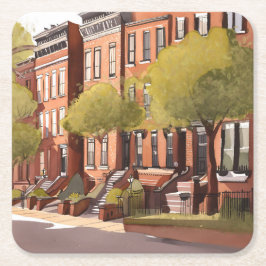 Posavasos Cuadrado De Papel Boston Brownstones | Beacon Street Acuarela